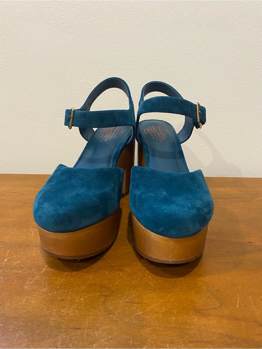 Teal Suede Platform Clog with Ankle Strap - Picture 6 of 6